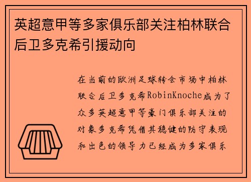 英超意甲等多家俱乐部关注柏林联合后卫多克希引援动向