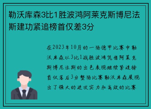 勒沃库森3比1胜波鸿阿莱克斯博尼法斯建功紧追榜首仅差3分